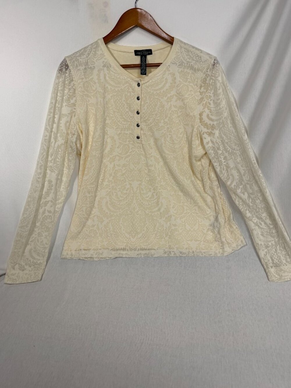 Lauren Ralph Lauren Henley Shirt XL Cotton Lace Damask Long Sleeve Cream Top
